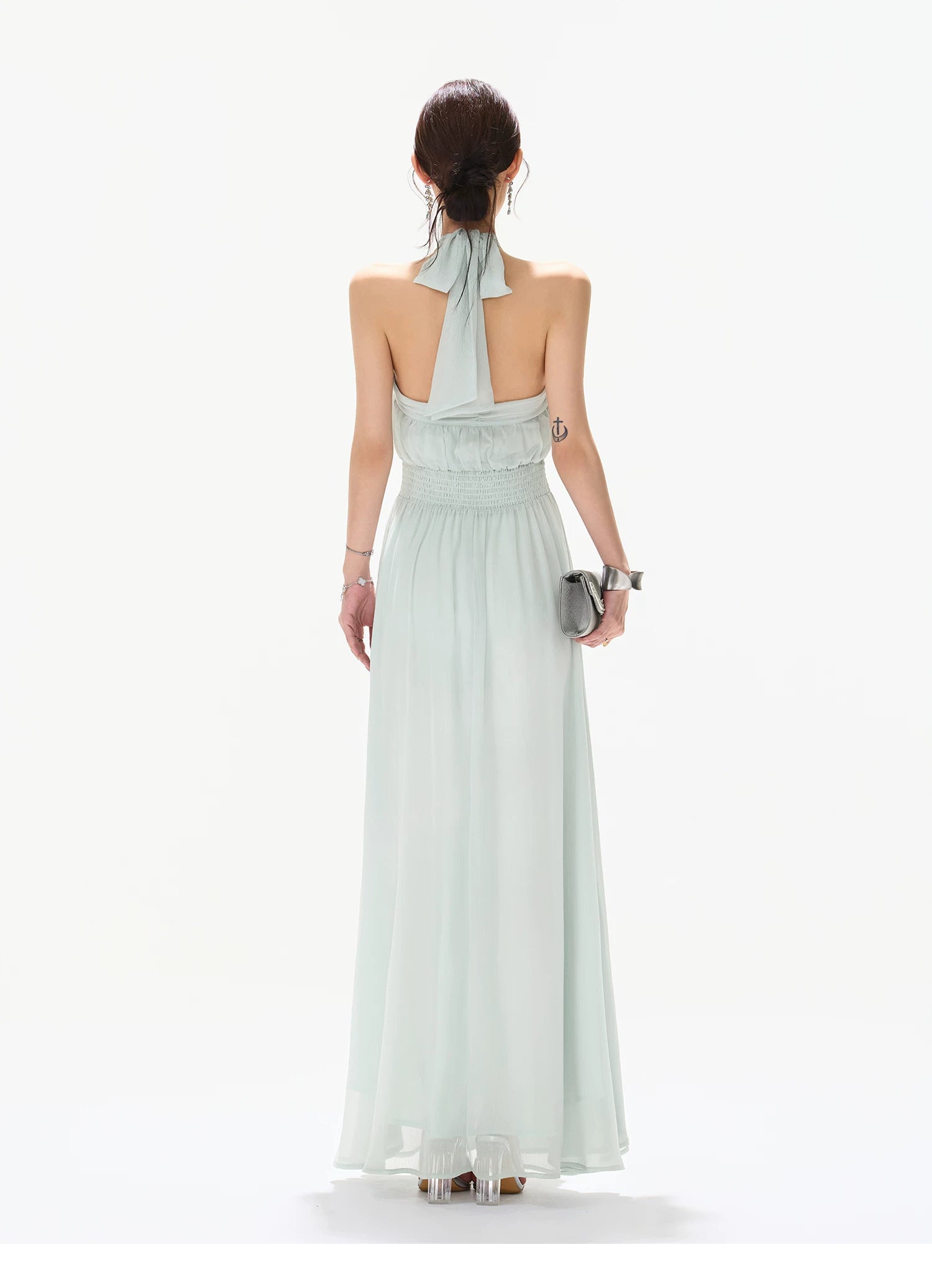 Misty Blue Halter Neck Chiffon Long Dress