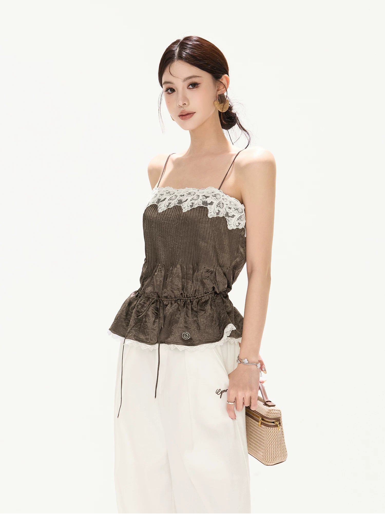 South France Holiday Contrast Lace Trim Ruffle Camisole
