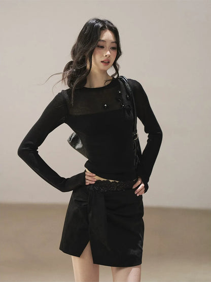 Sheer Cropped Long-Sleeve Top