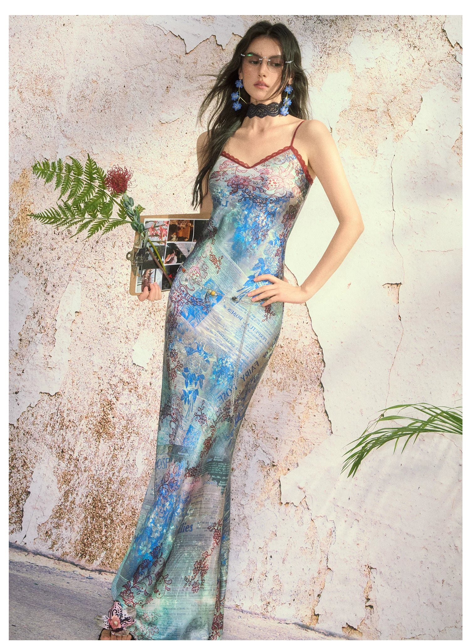 Botanical Print Bias-Cut Camisole Long Dress