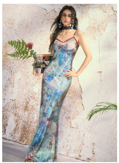 Botanical Print Bias-Cut Camisole Long Dress