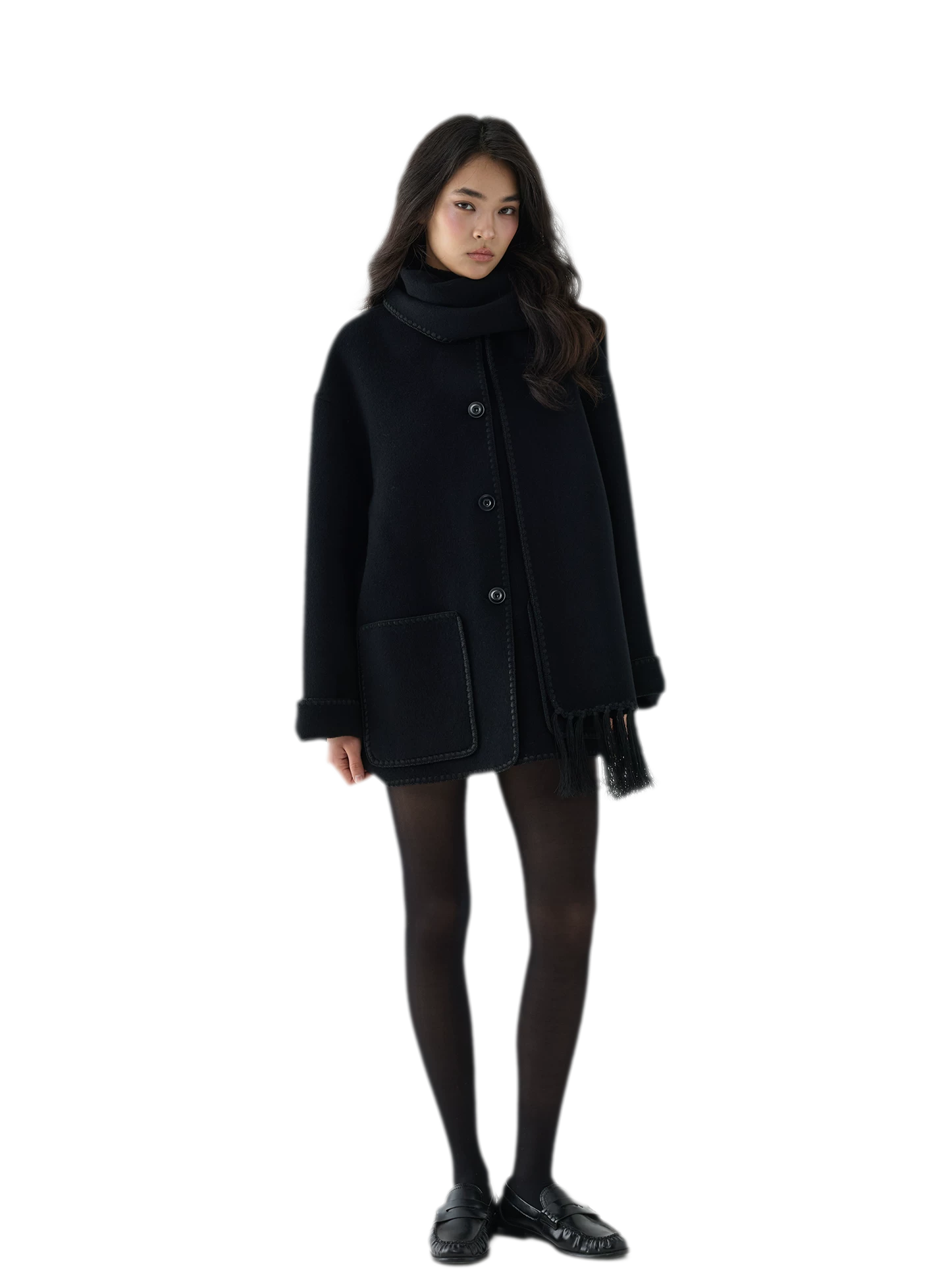 Double-Faced Wool Fringe Cape Coat