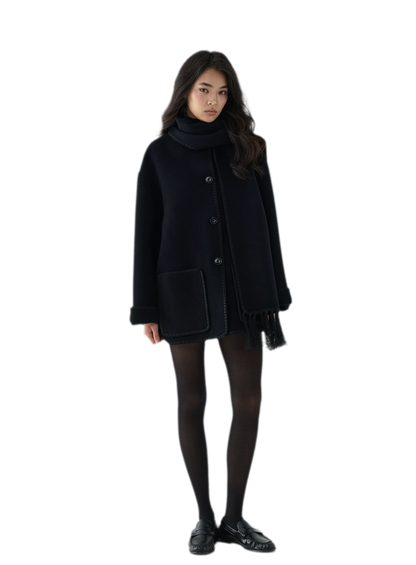 Double-Faced Wool Fringe Cape Coat