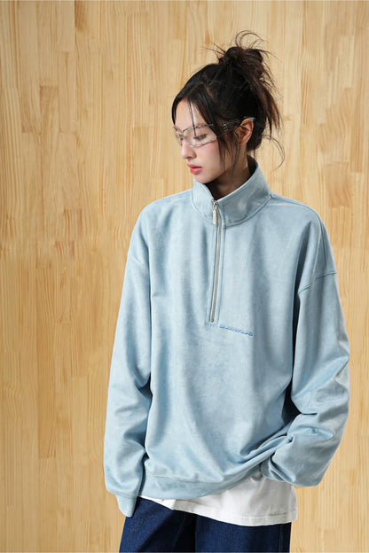 Faux Suede Oversize Polo Sweatshirt