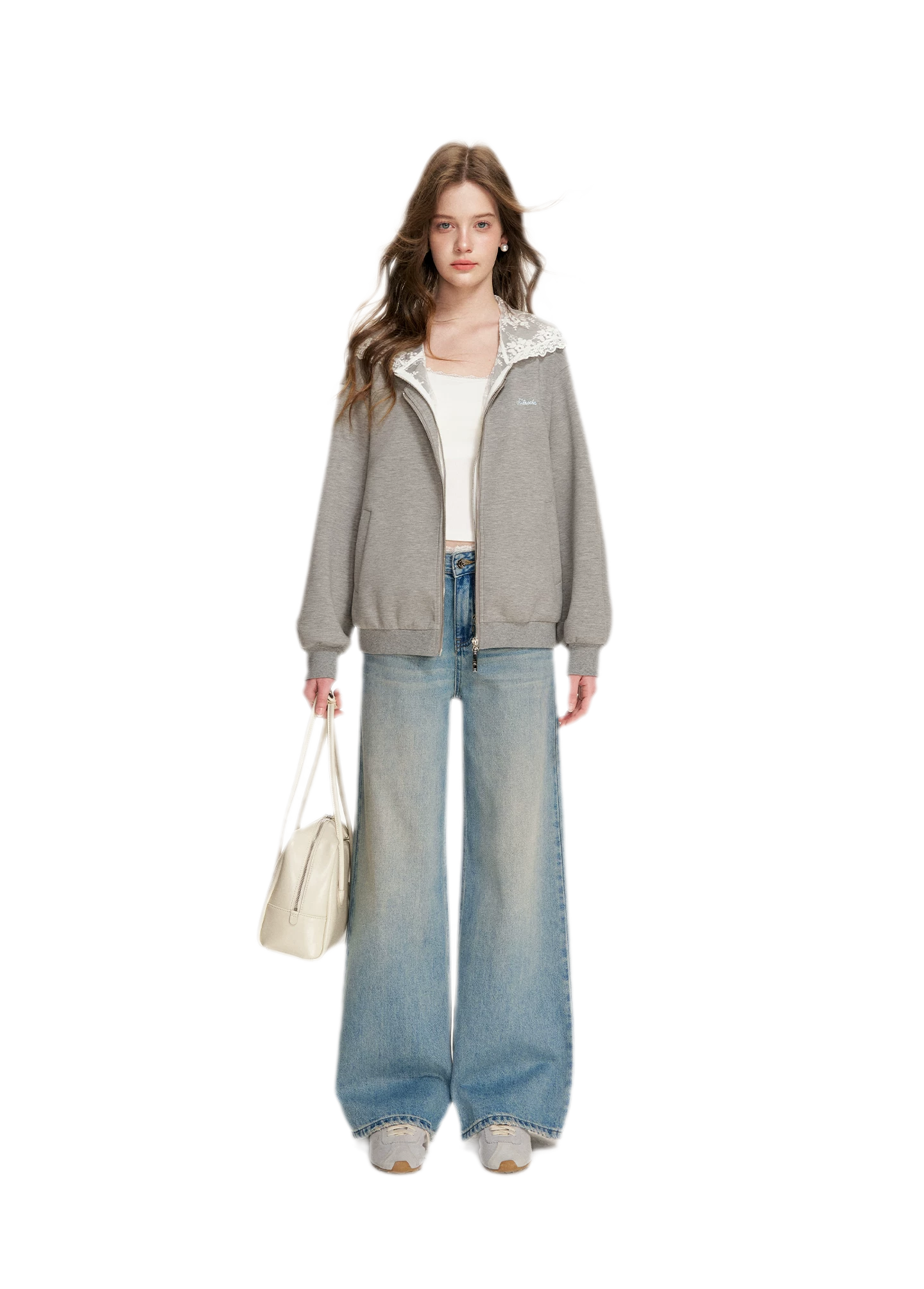Lace-Trimmed Wide-Leg Denim Pants