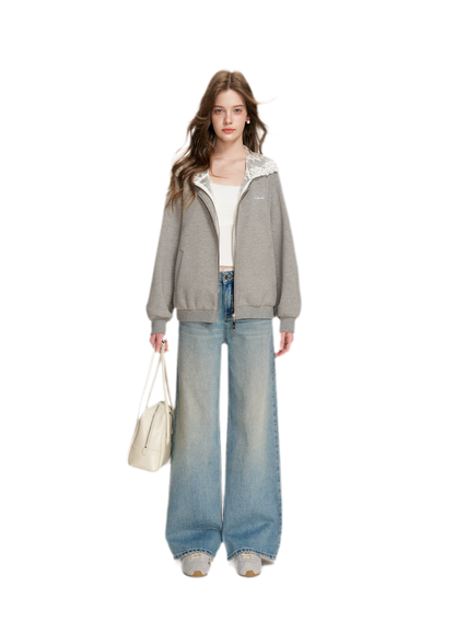 Lace-Trimmed Wide-Leg Denim Pants