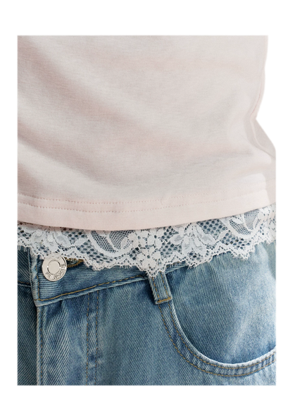 Lace Trim Asymmetric Short Sleeve T-Shirt