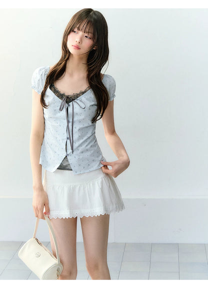 Sweet Elastic Puff Sleeve Lace Short Sleeve Top