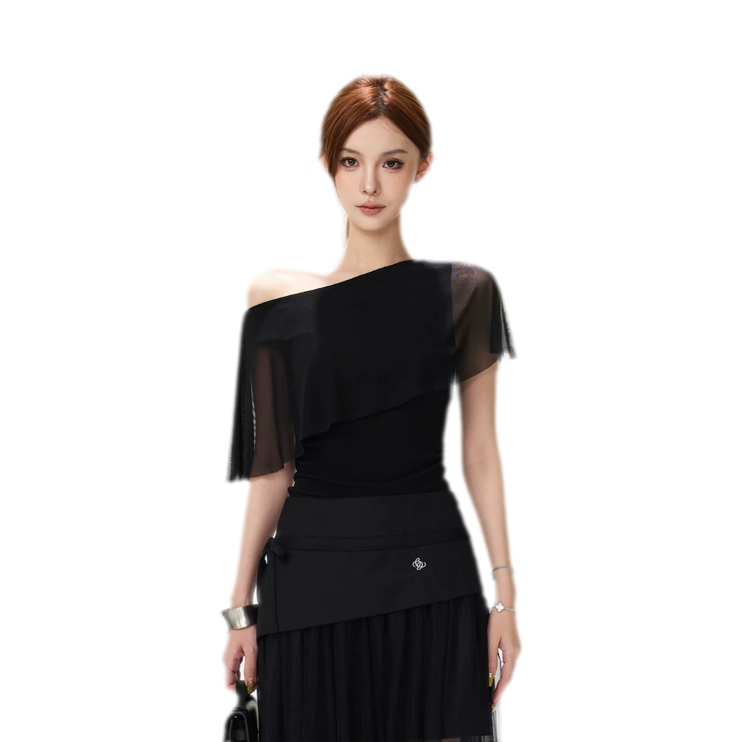 Sheer Ruffle One-Shoulder Top