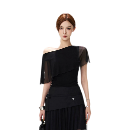 Sheer Ruffle One-Shoulder Top