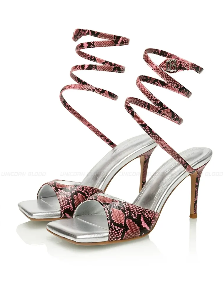 Snake-Embossed Spiral Strap Sandals