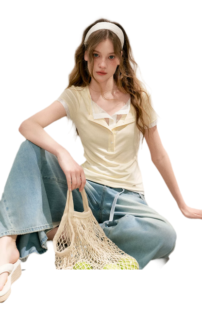 Double-Layer Collar Lace T-Shirt