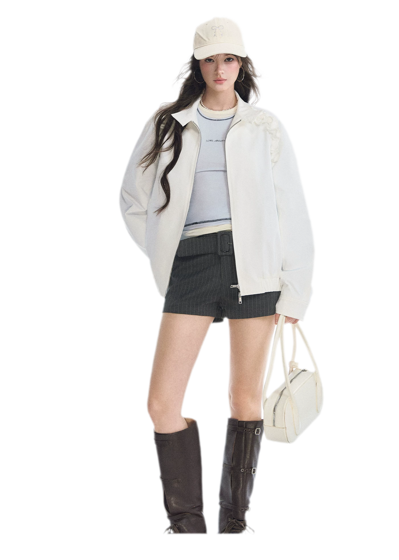 Ruffled Stand Collar Harrington Jacket