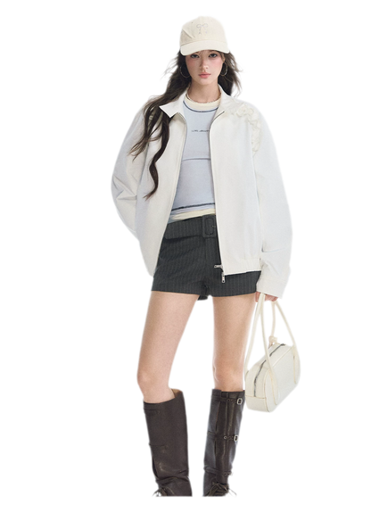 Ruffled Stand Collar Harrington Jacket