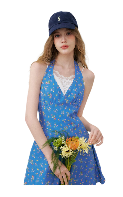 Romantic French Halter V-neck Floral Dress