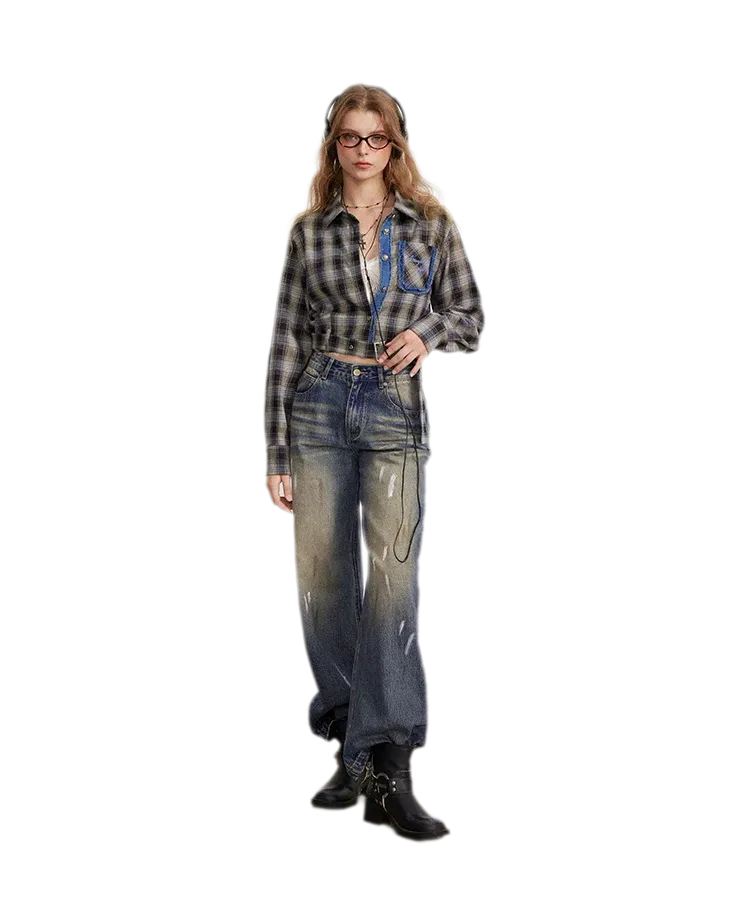 Washed Paint-Splatter Wide-Leg Jeans