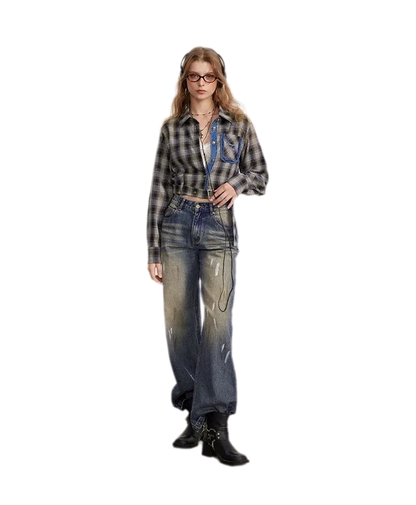 Washed Paint-Splatter Wide-Leg Jeans