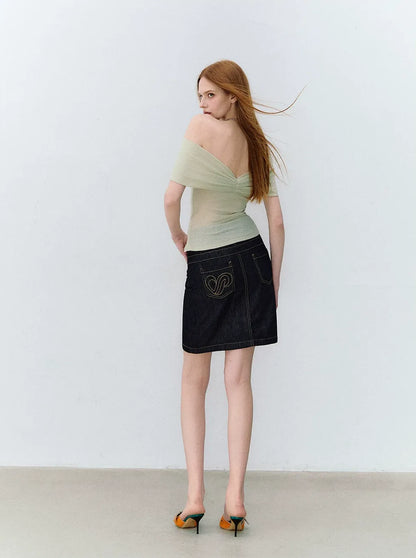 Retro Denim Blue Studded Straight Skirt