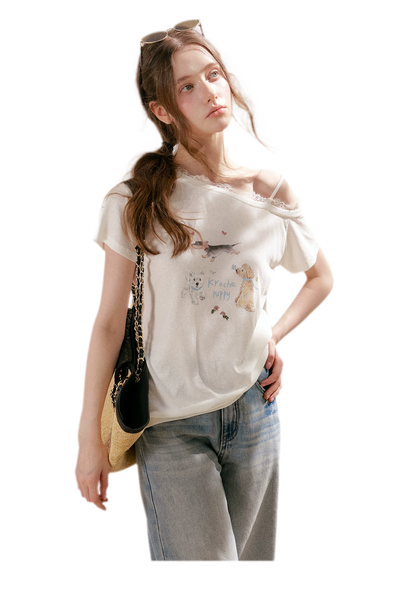 Tencel Cotton French Lace Puppy Print Asymmetric T-Shirt