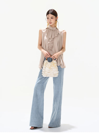 90s Vintage Washed Metal Button Wide-Leg Denim Pants