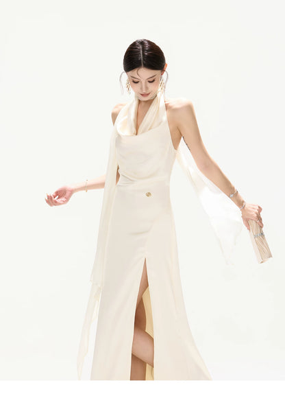 French Style One-Shoulder Backless Halter Long Dress