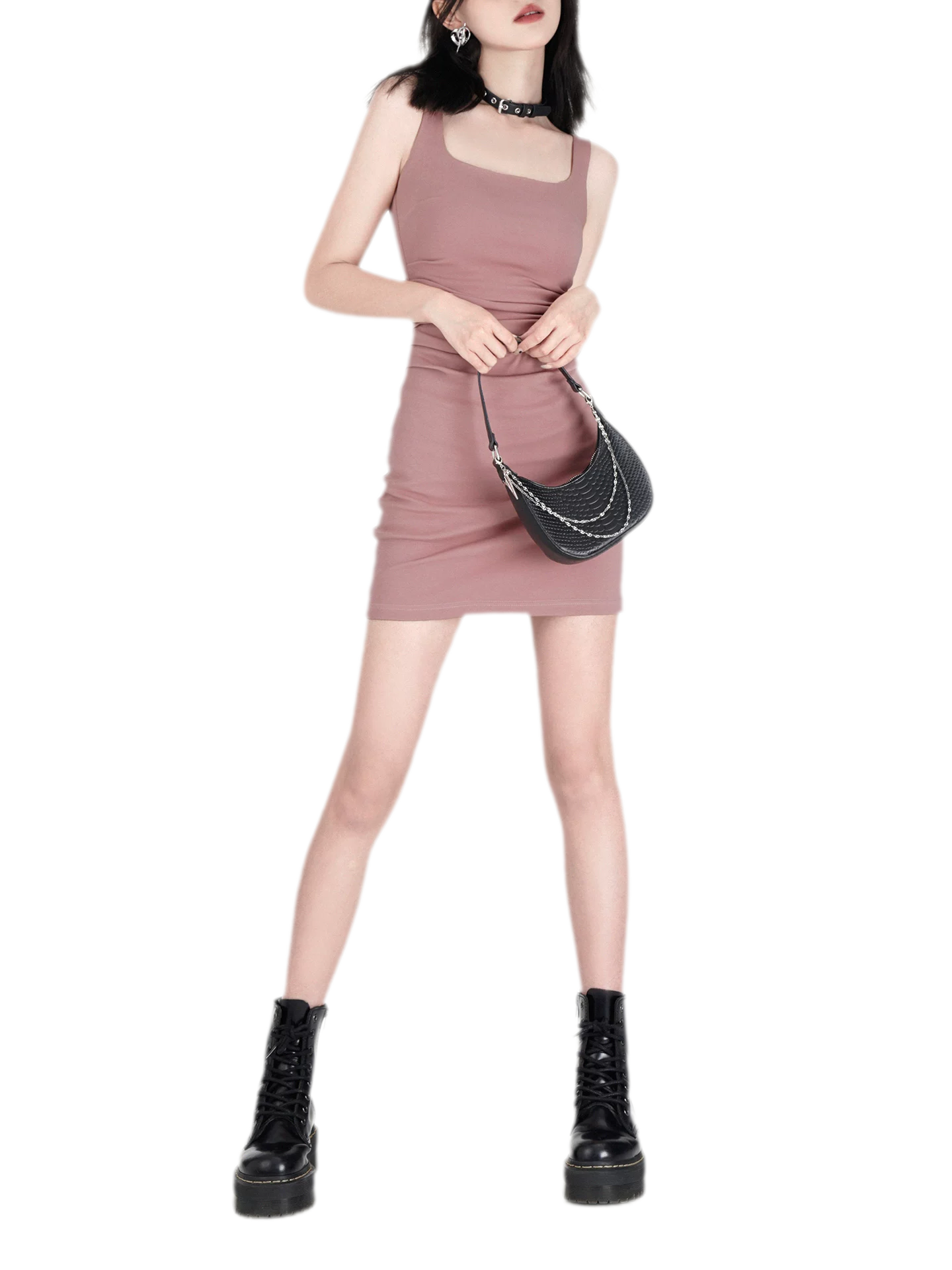 Stretch Ruched Square-Neck Mini Dress