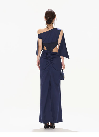 Night Banquet Muse Indigo Asymmetric Off-Shoulder Long Dress