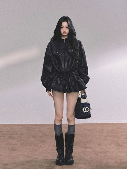 Faux Leather Stand Collar Jacket