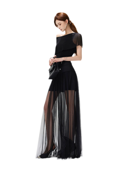 Sheer Ruffle One-Shoulder Top