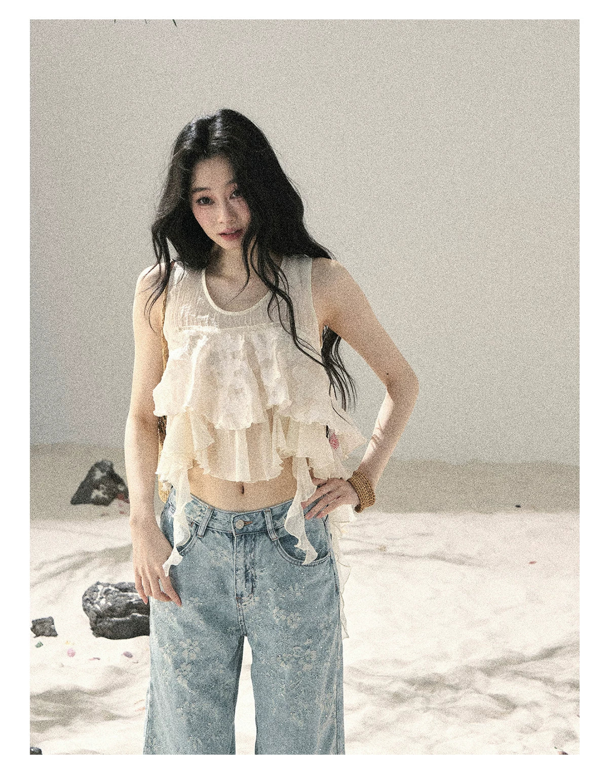 American Style Rhinestone Floral Denim Pants
