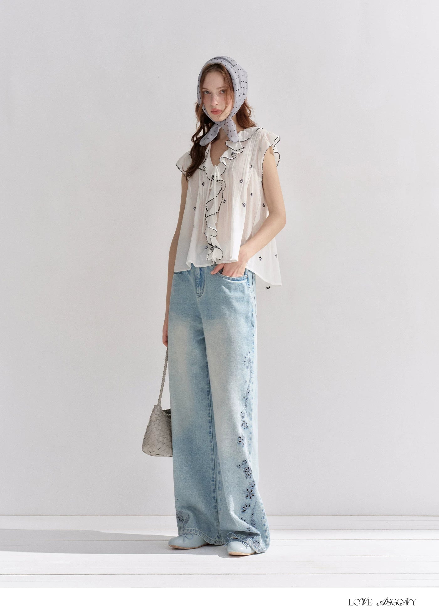 Cotton-Feel Embroidered Ruffle Sleeve Blouse