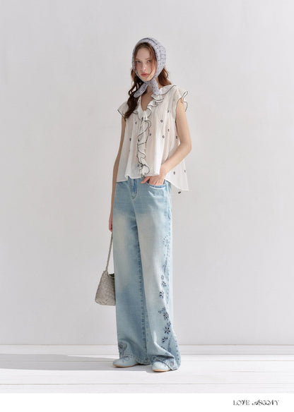 Cotton-Feel Embroidered Ruffle Sleeve Blouse