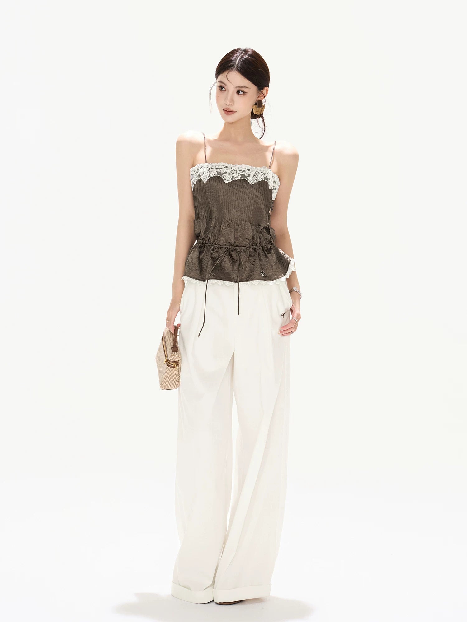 South France Holiday Contrast Lace Trim Ruffle Camisole