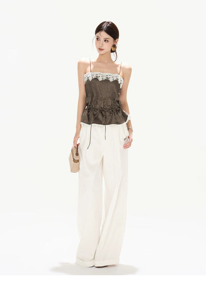 South France Holiday Contrast Lace Trim Ruffle Camisole