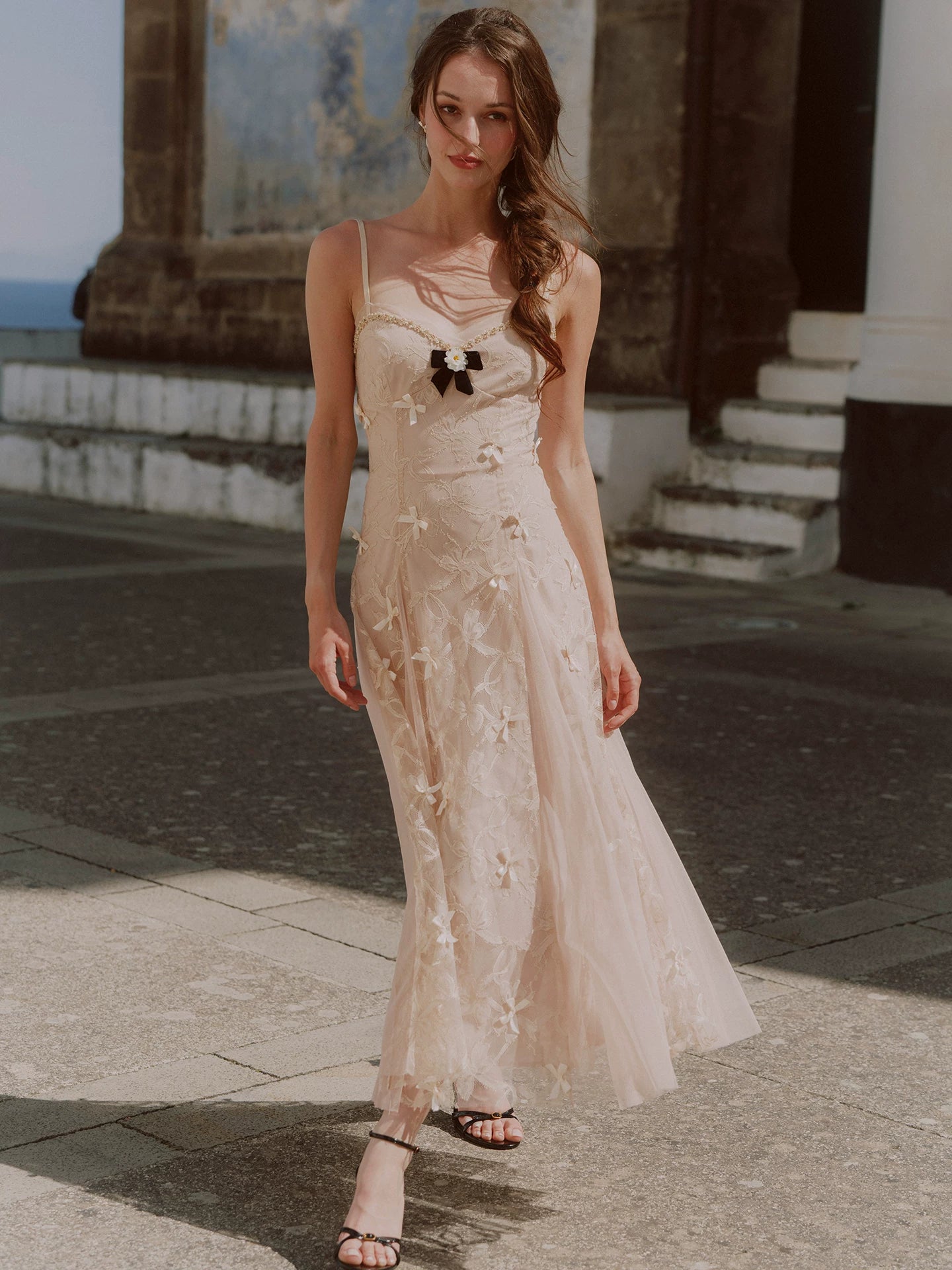 Embroidered Bow Mesh Dress