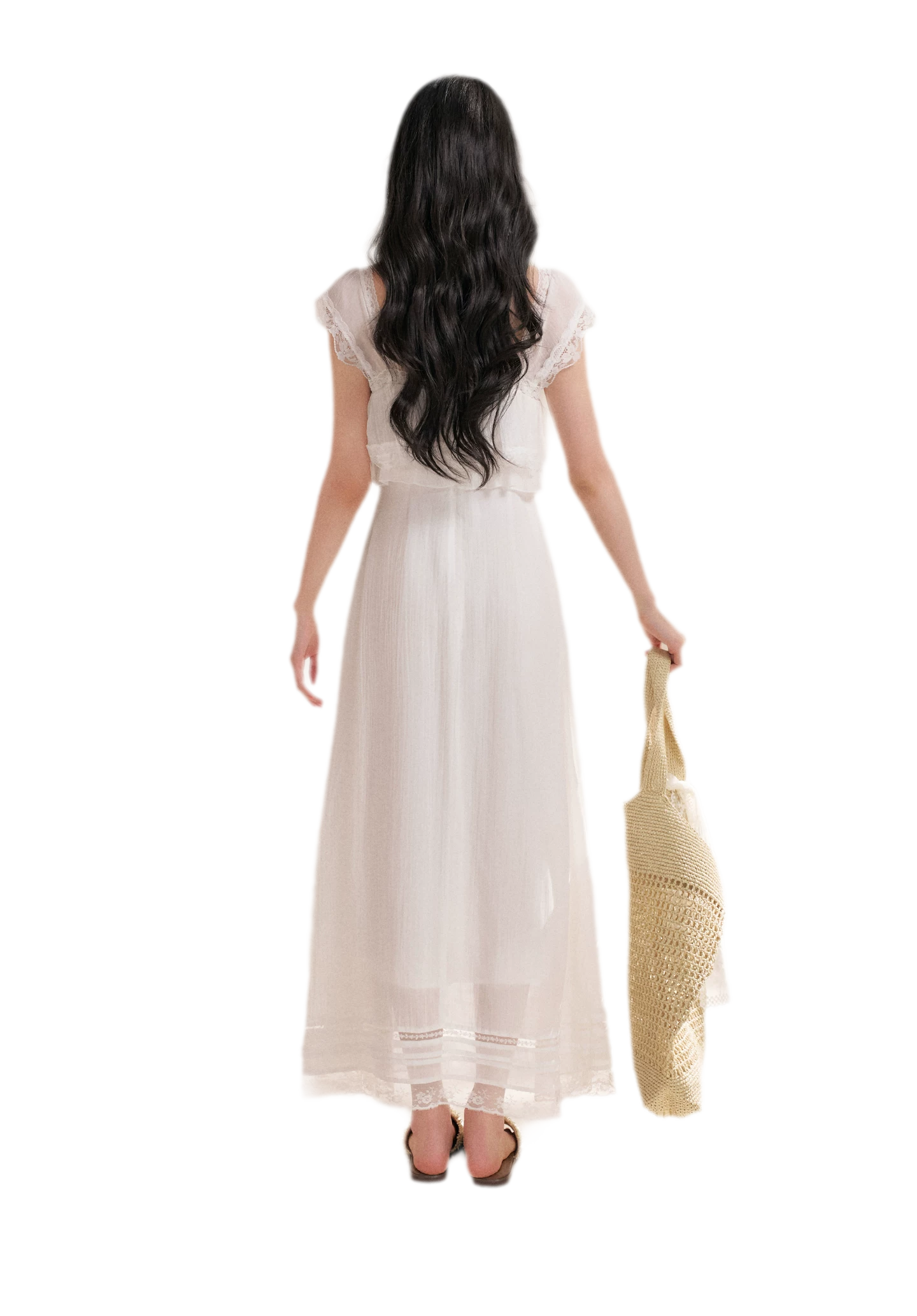 Lace Ruffle Waist Long Dress