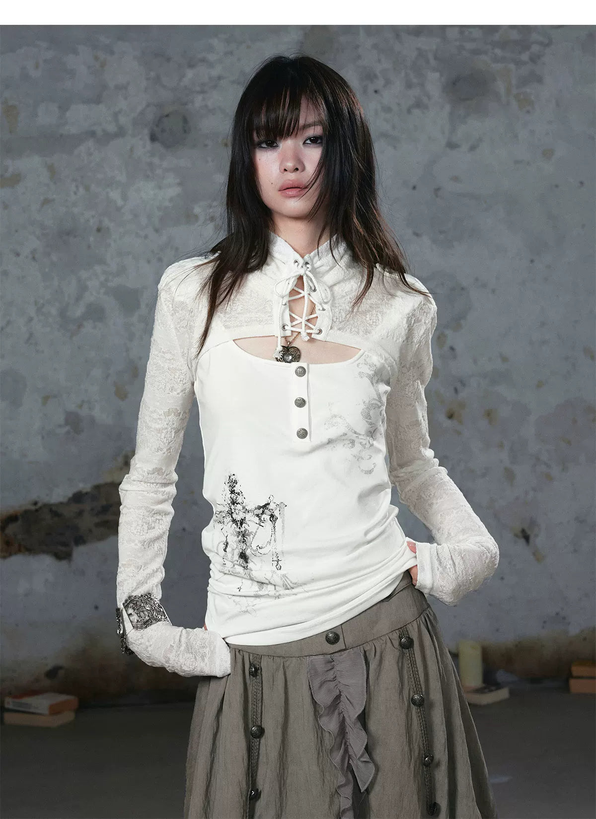 Silver Foil Gothic Lace-Up Top