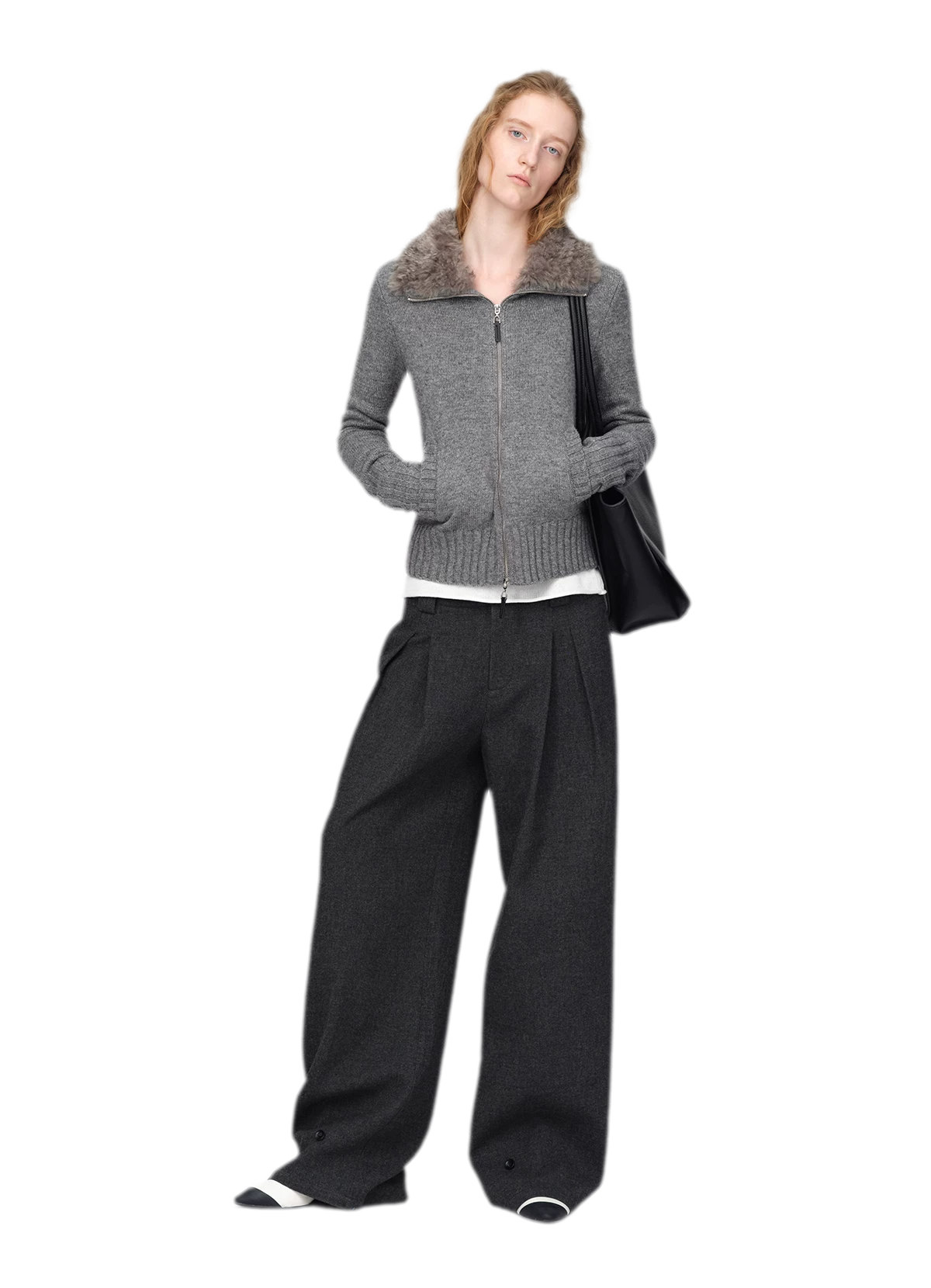 Pantalones de pierna ancha plisados con mezcla de lana