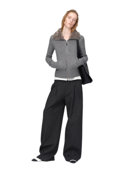 Pantalones de pierna ancha plisados con mezcla de lana