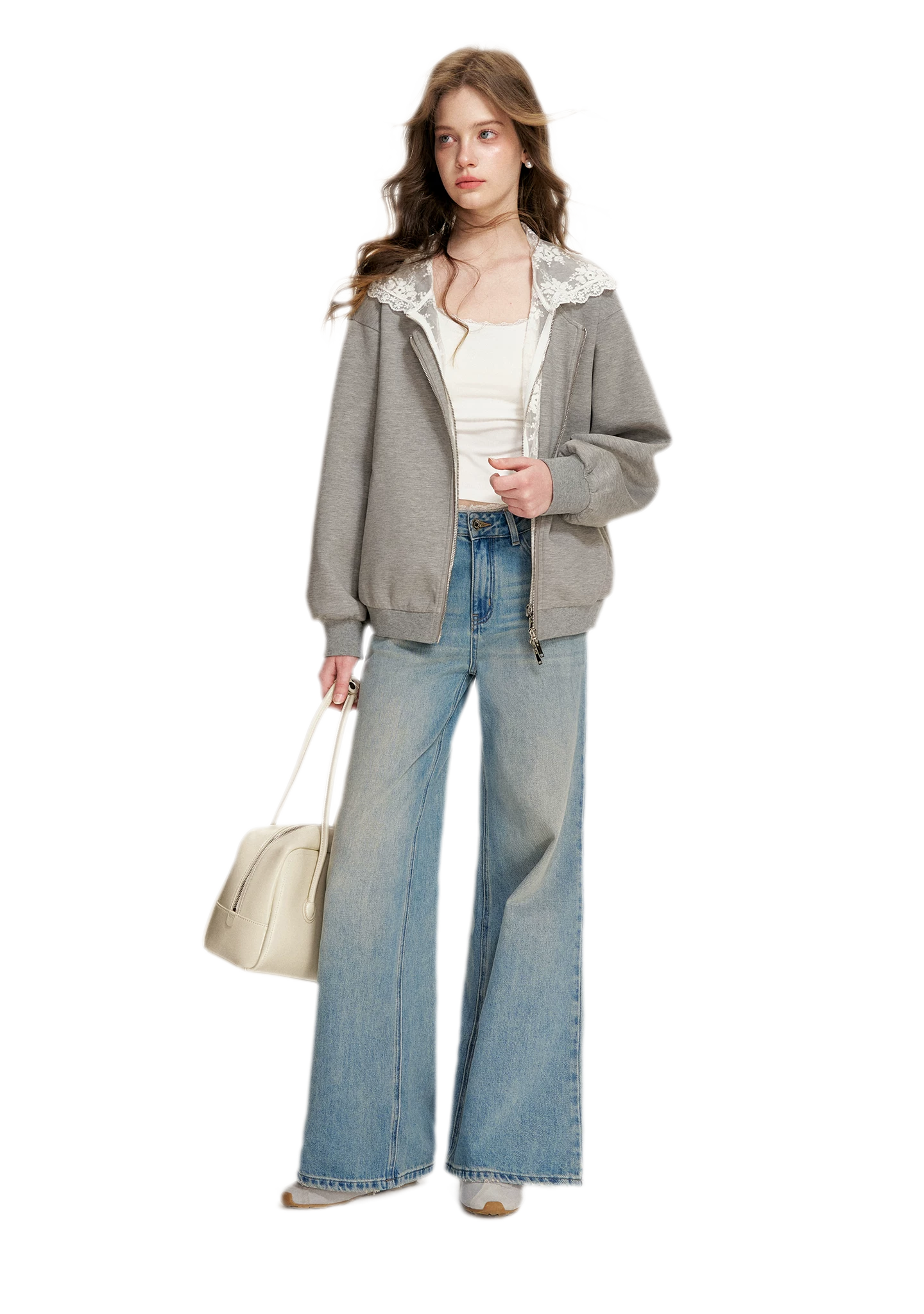 Lace-Trimmed Wide-Leg Denim Pants