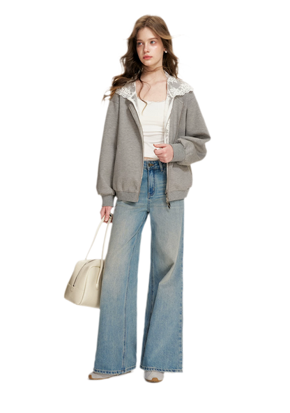 Lace-Trimmed Wide-Leg Denim Pants