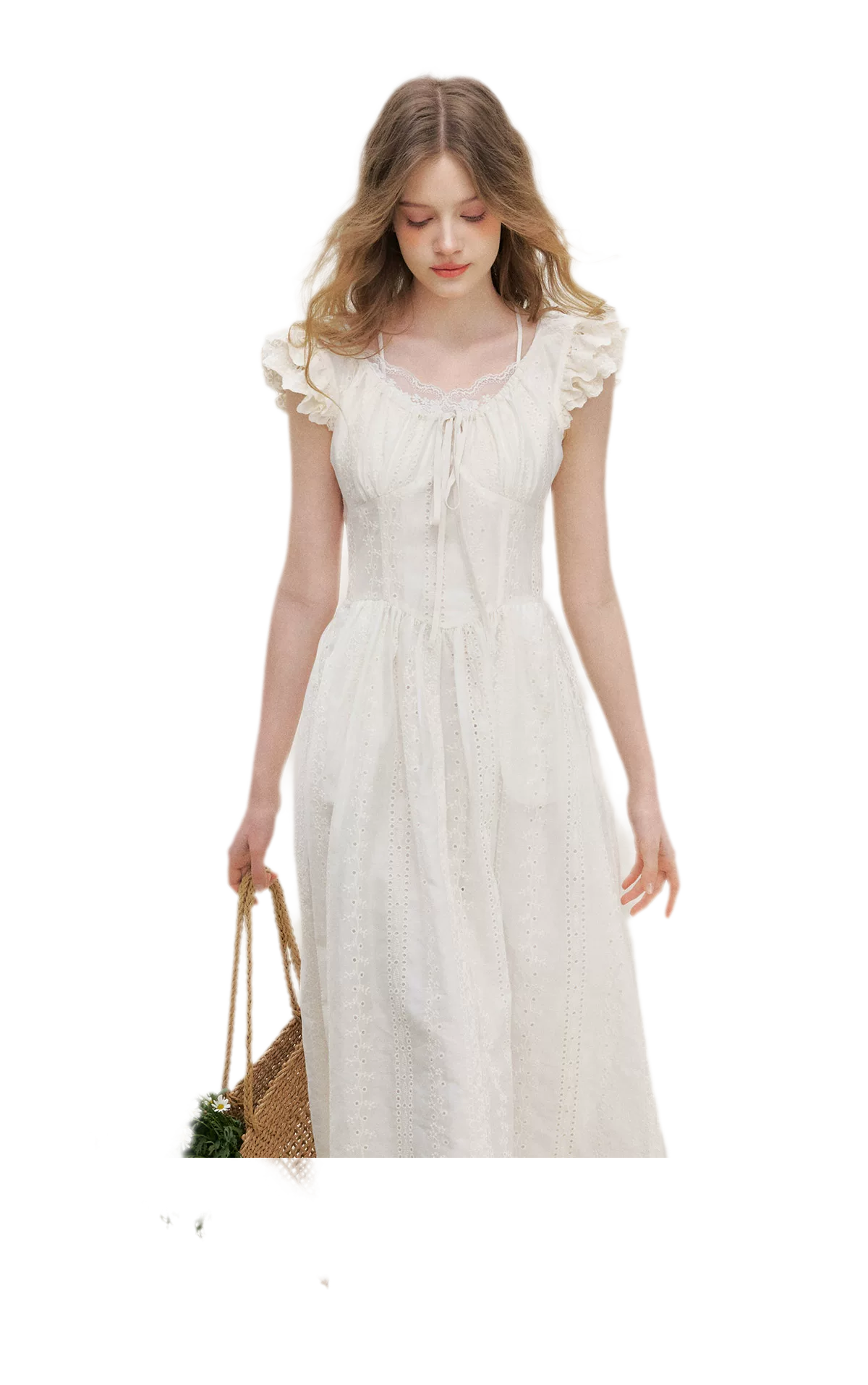 Embroidered Flutter Sleeve Dress