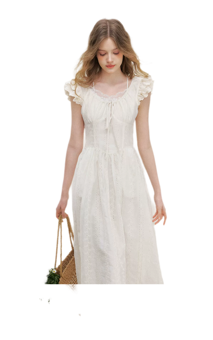 Embroidered Flutter Sleeve Dress