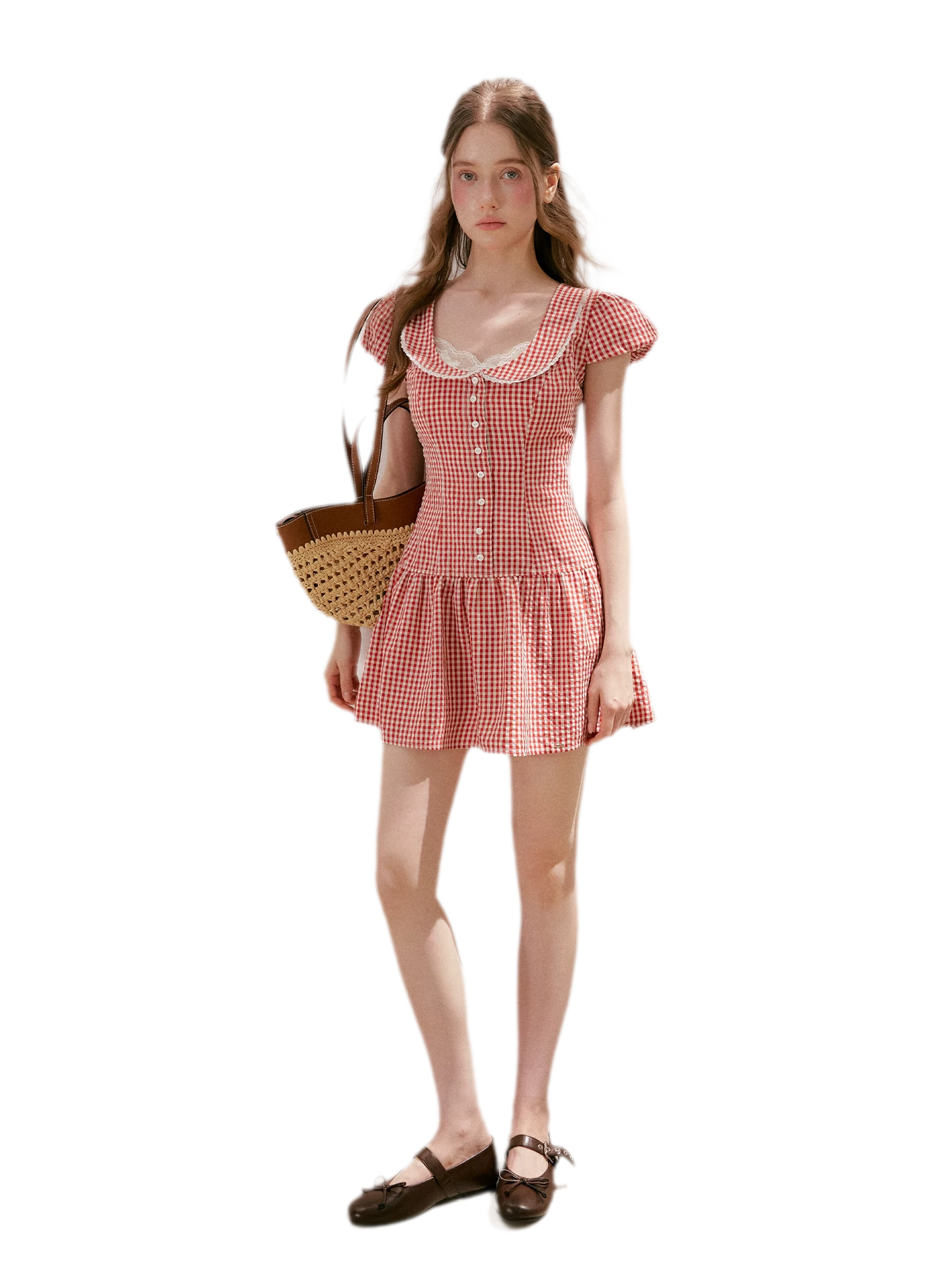 Tencel Cotton Lace Vintage Plaid Short Sleeve Dress