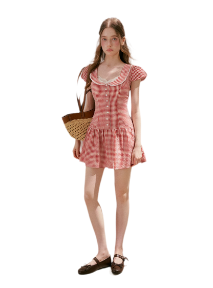 Tencel Cotton Lace Vintage Plaid Short Sleeve Dress