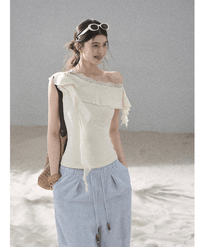 Lace One-Shoulder Crop Tee