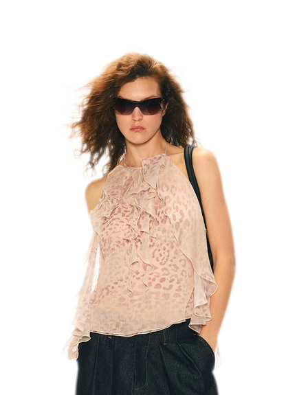 Off-Shoulder Halter Chiffon Check Print Top