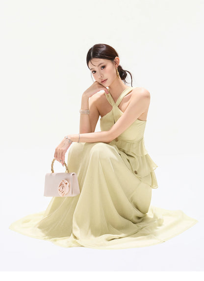 Flowing Sheer Halter Rhinestone Chiffon Long Dress