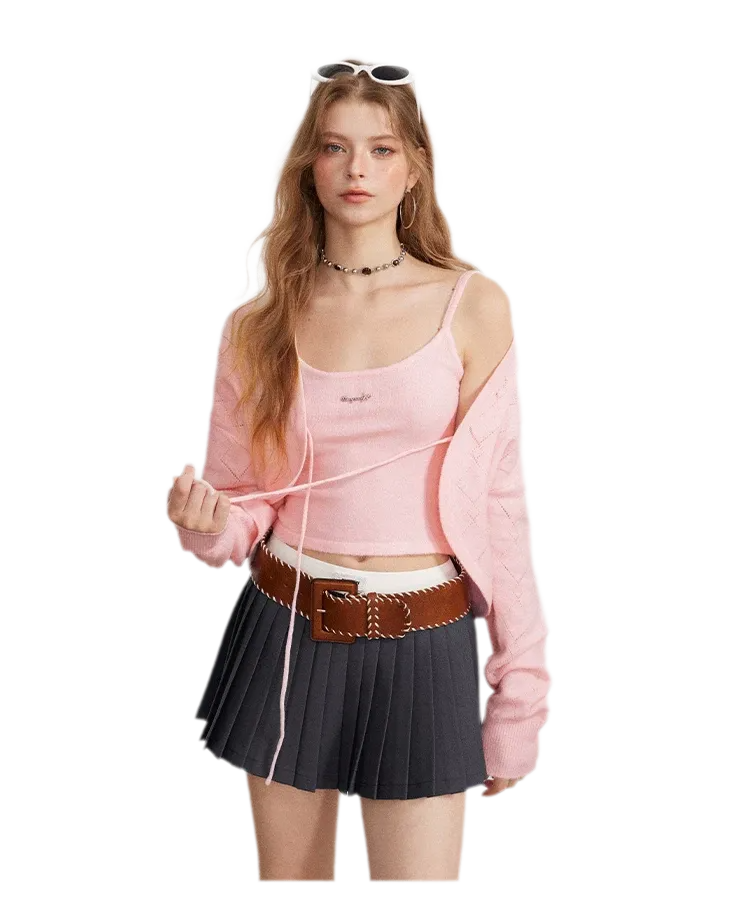 Diamond Knit Tie Cardigan Set