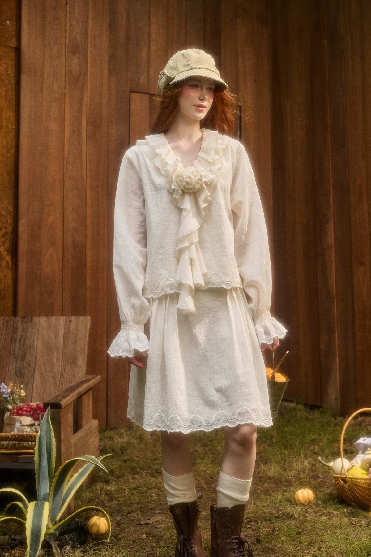 Embroidered Ruffle Blouse Skirt Set